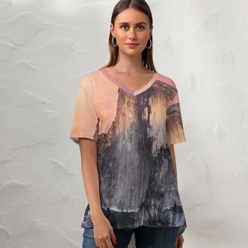 yanfind V Neck T-shirt for Women OS X Yosemite El Capitan Summit National Park Valley Evening Peak California Summer Top  Short Sleeve Casual Loose