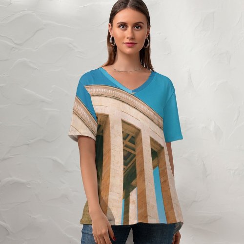 yanfind V Neck T-shirt for Women Freedom Building Columns Türkiye Public Sky Wallpapers Architecture Ankara Modern Anıtkabir Summer Top  Short Sleeve Casual Loose