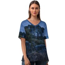 yanfind V Neck T-shirt for Women Cliff Night Rocks Piopio Zealand Summer Top  Short Sleeve Casual Loose
