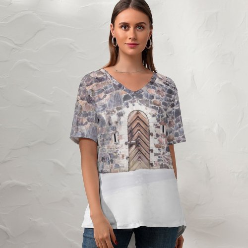 yanfind V Neck T-shirt for Women Castle Door Building Finland Wooden Snow Suomenlinna Wallpapers Architecture Outdoors Stock Summer Top  Short Sleeve Casual Loose