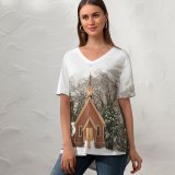 yanfind V Neck T-shirt for Women Chapel Oak Yosemite Building Flora Quiet Snow Wallpapers Plant Outdoors Tree Summer Top  Short Sleeve Casual Loose