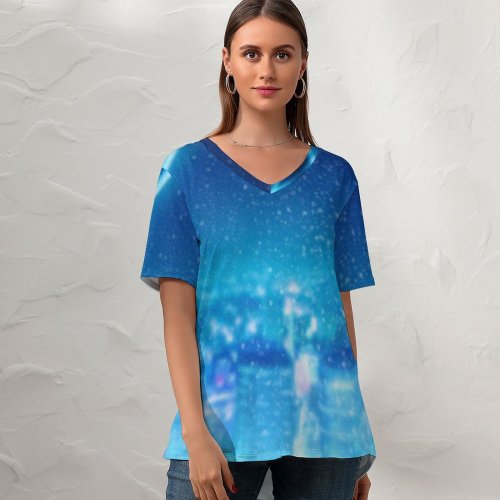 yanfind V Neck T-shirt for Women RicoDZ Fantasy Girl Dream Snowfall Cityscape Winter Atmosphere Girly Summer Top  Short Sleeve Casual Loose