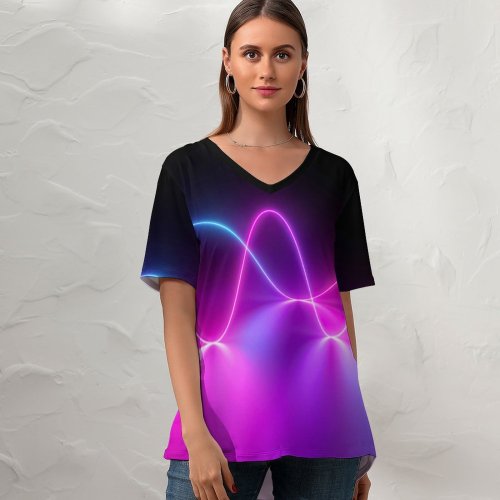 yanfind V Neck T-shirt for Women Abstract Neon Light Waves Huawei Mediapad Summer Top  Short Sleeve Casual Loose