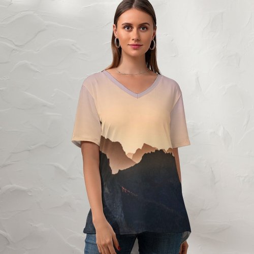 yanfind V Neck T-shirt for Women Luca Bravo Giau Pass Mountain Range Dolomites Sunrise Landscape Italy Summer Top  Short Sleeve Casual Loose