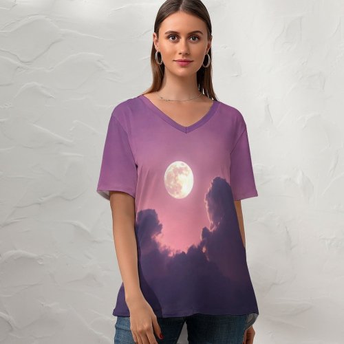 yanfind V Neck T-shirt for Women Moon Clouds Sky Summer Top  Short Sleeve Casual Loose
