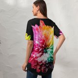 yanfind V Neck T-shirt for Women Sharon Pittaway Flowers Colorful Multicolor Summer Top  Short Sleeve Casual Loose