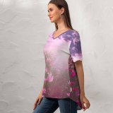 yanfind V Neck T-shirt for Women Flowers Flower Cosmos Sunrise Garden Sky Clouds Summer Top  Short Sleeve Casual Loose
