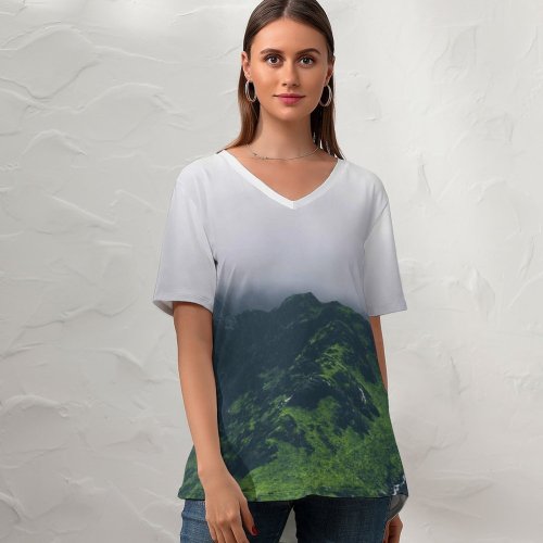 yanfind V Neck T-shirt for Women Fog Mist River Alps Grass Wallpapers Mountain Outdoors Crest Snowdon Cloudy Summer Top  Short Sleeve Casual Loose