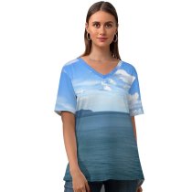 yanfind V Neck T-shirt for Women Sea Landscape Sky Horizon Ocean Resources Daytime Cloud Summer Top  Short Sleeve Casual Loose