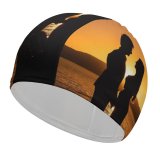 yanfind Swimming Cap Love Couple Silhouette Sunset Backlit Seascape Dawn Beach Romantic Elastic,suitable for long and short hair