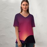 yanfind V Neck T-shirt for Women Chiara Lily Plane Sunset Starry Sky Sky Summer Top  Short Sleeve Casual Loose