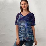 yanfind V Neck T-shirt for Women Otto Berkeley London City Cityscape Night Lights Skyscrapers Tower Gherkin Heron Tower Summer Top  Short Sleeve Casual Loose