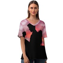yanfind V Neck T-shirt for Women Travis Grossen Love Couple Silhouette Sunset Romantic Summer Top  Short Sleeve Casual Loose