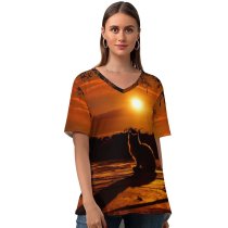 yanfind V Neck T-shirt for Women Elena Dudina Cat Silhouette Sunset Sky Tree Branches Summer Top  Short Sleeve Casual Loose