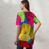 yanfind V Neck T-shirt for Women Romain Guy Umbrellas Street Festival Colorful Sky Rainbow Summer Top  Short Sleeve Casual Loose
