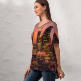 yanfind V Neck T-shirt for Women Erotikpanda Cityscape City Lights Sunset Dawn Skyscrapers London Summer Top  Short Sleeve Casual Loose