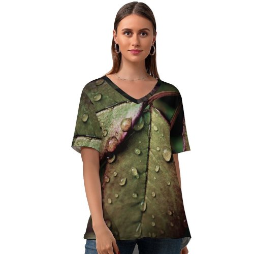 yanfind V Neck T-shirt for Women Wet Leaves Rainy Drops Closeup Macro Rain HDR Summer Top  Short Sleeve Casual Loose