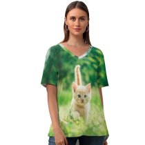 yanfind V Neck T-shirt for Women Andriyko Podilnyk Kitten Cute Grass Bokeh Baby Cat Summer Top  Short Sleeve Casual Loose
