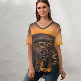 yanfind V Neck T-shirt for Women Monte Carlo Sunset Dawn Cityscape Harbor City Lights Night Dusk Monaco  Summer Top  Short Sleeve Casual Loose
