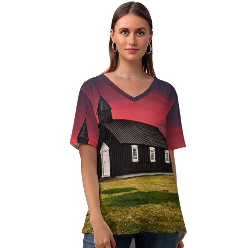 yanfind V Neck T-shirt for Women Andrés Nieto Porras Búðir Iceland Church Hamlet Landscape Sky Glacier Mountains Snow Summer Top  Short Sleeve Casual Loose
