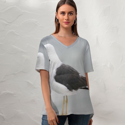 yanfind V Neck T-shirt for Women Seagull Fly Flying Sky Grey Bird Gull Sea Gothenburg Sweden Seagulls Vertebrate Summer Top  Short Sleeve Casual Loose