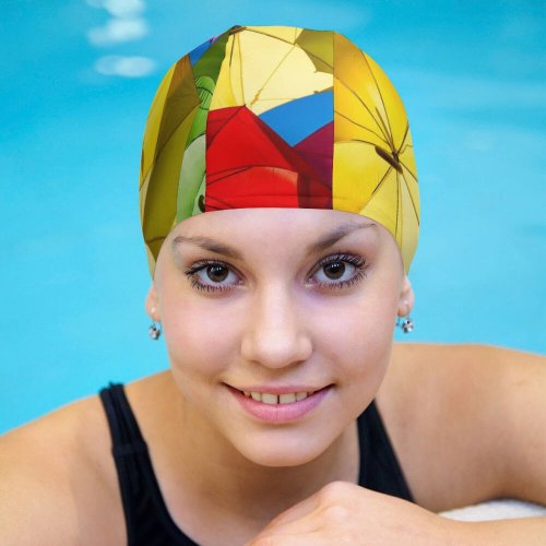 yanfind Swimming Cap Romain Guy Umbrellas Street Festival Colorful Sky Rainbow Elastic,suitable for long and short hair