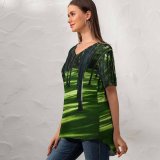 yanfind V Neck T-shirt for Women Grass Trees Woods Daylight Forest Landscape Summer Top  Short Sleeve Casual Loose