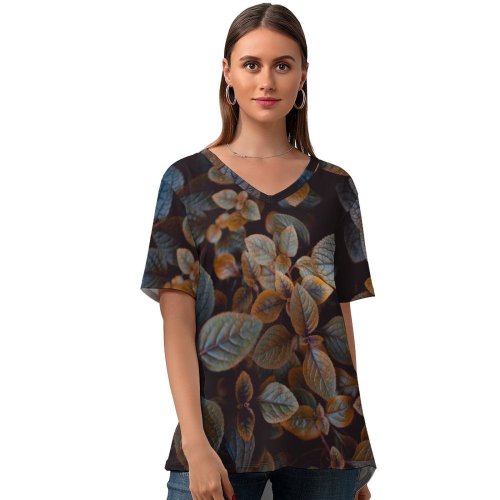 yanfind V Neck T-shirt for Women Leaves Plant Summer Top  Short Sleeve Casual Loose
