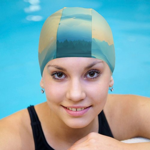 yanfind Swimming Cap Coyle Lakeside Sunrise Early Morning Minimal Art Gradient Landscape Scenic Panorama Elastic,suitable for long and short hair