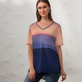 yanfind V Neck T-shirt for Women Claudio Testa Sunset Sky Mountains Foggy Mountain Range Summer Top  Short Sleeve Casual Loose