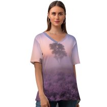 yanfind V Neck T-shirt for Women Simon Van Ooijen Lavender Fields Purple Foggy Landscape Tree Sunrise Summer Top  Short Sleeve Casual Loose