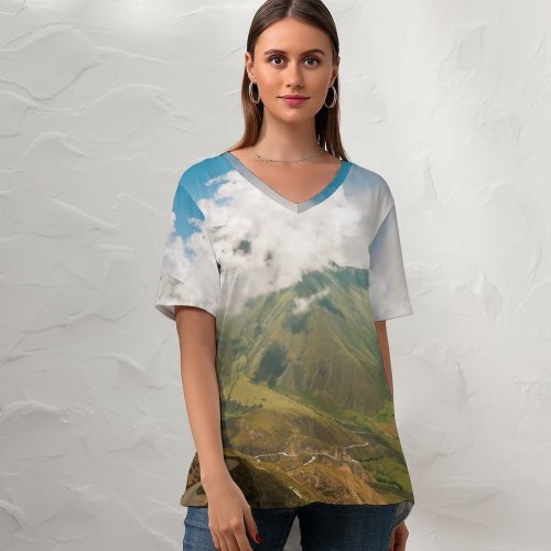 yanfind V Neck T-shirt for Women Argentina Landscape Aerial Grass Wallpapers Hill Plant Mountain Outdoors Scenery Slope Summer Top  Short Sleeve Casual Loose