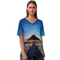 yanfind V Neck T-shirt for Women Andrey Alekseev Kihaadhuffaru Island Maldives Villa Wooden Pier Seascape Sky Landscape Scenic Summer Top  Short Sleeve Casual Loose