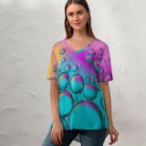 yanfind V Neck T-shirt for Women Bruno Bosse Abstract Bubbles Spectrum Colorful Teal Turquoise Summer Top  Short Sleeve Casual Loose