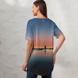 yanfind V Neck T-shirt for Women Jordan Steranka Horizon Beach Alone Sunset Silhouette Crescent Moon Reflection Kalaloch Summer Top  Short Sleeve Casual Loose