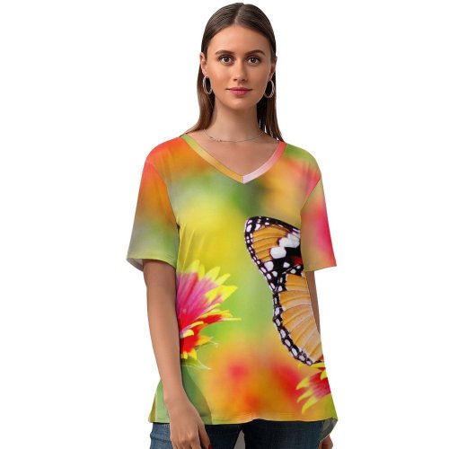 yanfind V Neck T-shirt for Women Flowers Butterfly Pollen Flower Garden Bokeh Bloom Blossom Summer Top  Short Sleeve Casual Loose