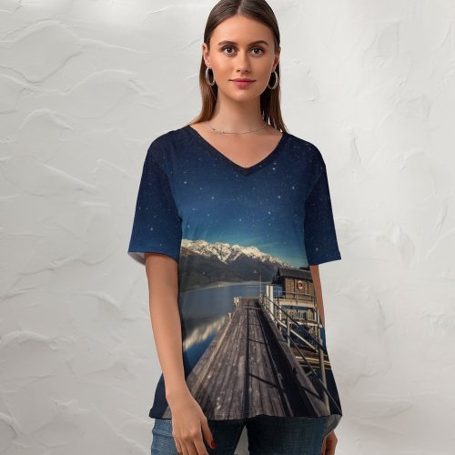 yanfind V Neck T-shirt for Women Dominic Kamp Lake Wakatipu Zealand Mountain Range Snow Covered Reflection Glacier Mountains Summer Top  Short Sleeve Casual Loose