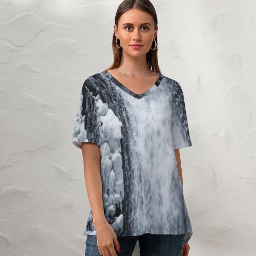yanfind V Neck T-shirt for Women Cliff Fog Mood River Snow Wallpapers Mountain Outdoors Snowy Winter Waterfall Summer Top  Short Sleeve Casual Loose