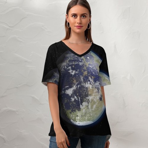 yanfind V Neck T-shirt for Women Andrew McCarthy Space Black Dark Moon Earth Atmosphere Summer Top  Short Sleeve Casual Loose