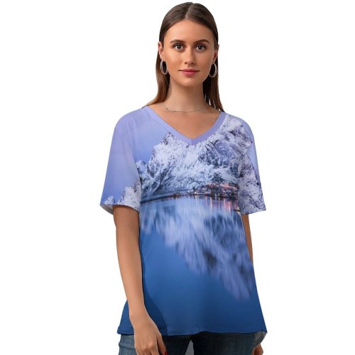 yanfind V Neck T-shirt for Women Glen Sinclair Reine Lofoten Islands Snow Mountains Glacier Reflection Village Norway Summer Top  Short Sleeve Casual Loose