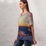 yanfind V Neck T-shirt for Women Crevisio Monaco City Sunrise Horizon Rocks Clear Sky Clouds Dusk Cityscape City Summer Top  Short Sleeve Casual Loose