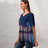 yanfind V Neck T-shirt for Women GoMustang Qingdao China Night Cityscape City Lights Reflections Summer Top  Short Sleeve Casual Loose