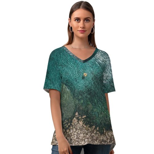 yanfind V Neck T-shirt for Women Seashore Aerial Rocky Coast IOS Summer Top  Short Sleeve Casual Loose