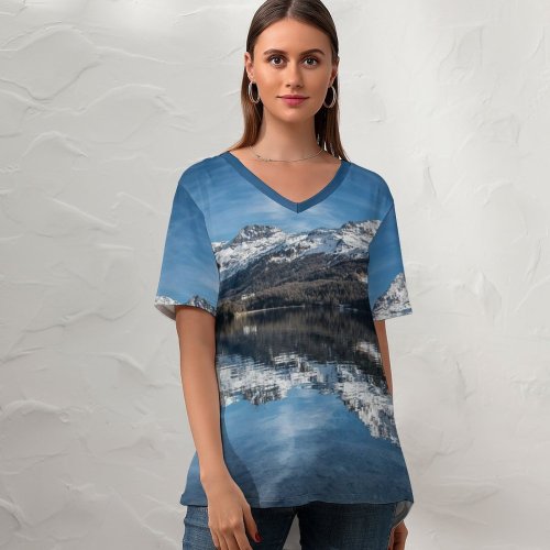 yanfind V Neck T-shirt for Women Piz Corvatsch Switzerland Swiss Alps Glacier Mountains Snow Covered Lake Sils Reflection Summer Top  Short Sleeve Casual Loose