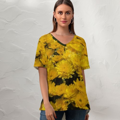 yanfind V Neck T-shirt for Women Autumn Ogorod Flowers Wallpapers Plant Garden Free Dandelion Daisy Flower Chrysanthemum Summer Top  Short Sleeve Casual Loose