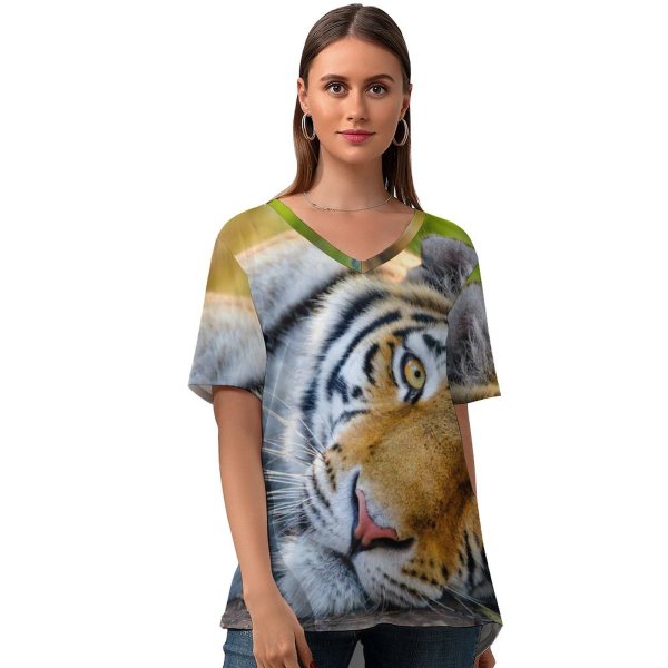 yanfind V Neck T-shirt for Women Bengal Tiger Wild Big Cat Summer Top  Short Sleeve Casual Loose