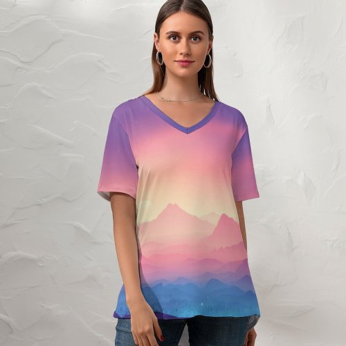 yanfind V Neck T-shirt for Women Coyle Valley Landscape Mountains Gradient Colorful Scenery Layers Panorama Summer Top  Short Sleeve Casual Loose