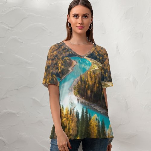 yanfind V Neck T-shirt for Women Kanas Lake Aerial Forest Scenic Trees Xinjiang China Summer Top  Short Sleeve Casual Loose