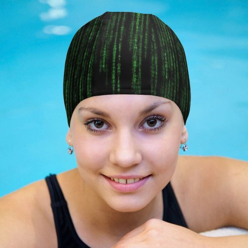 yanfind Swimming Cap Comfreak Technology Black Dark Matrix Program Falling Data Code Hacker Random Data Elastic,suitable for long and short hair
