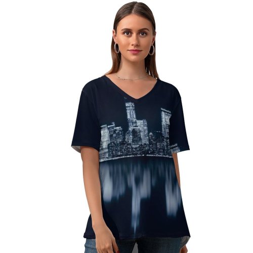 yanfind V Neck T-shirt for Women GoMustang Black Dark York City Night Cityscape City Lights Reflections Dark Summer Top  Short Sleeve Casual Loose